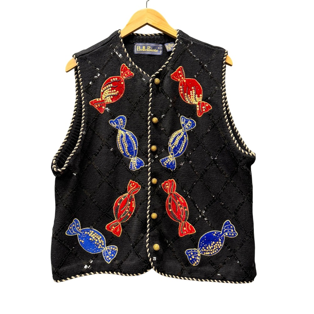 Vintage BellePointe Sweater Vest Womens XL Candy Beaded Sequin Black Embellished